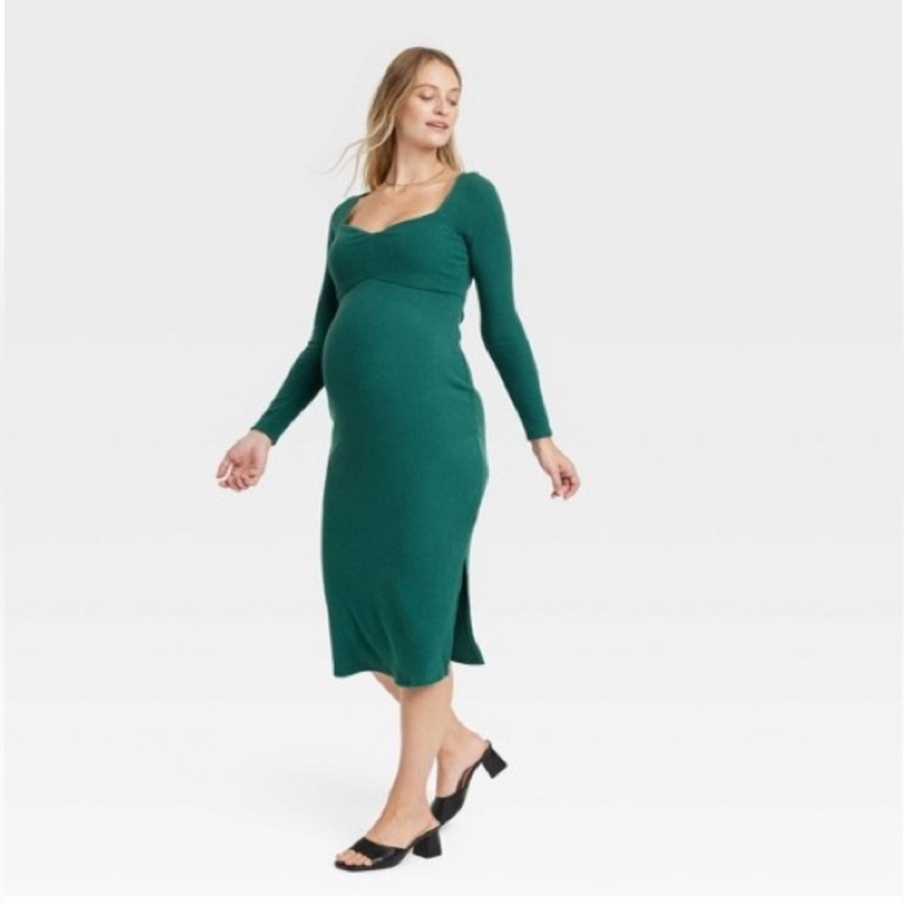 Ingrid Isabel Maternity Emerald Green Long Sleeve Midi Sweater Dress Small